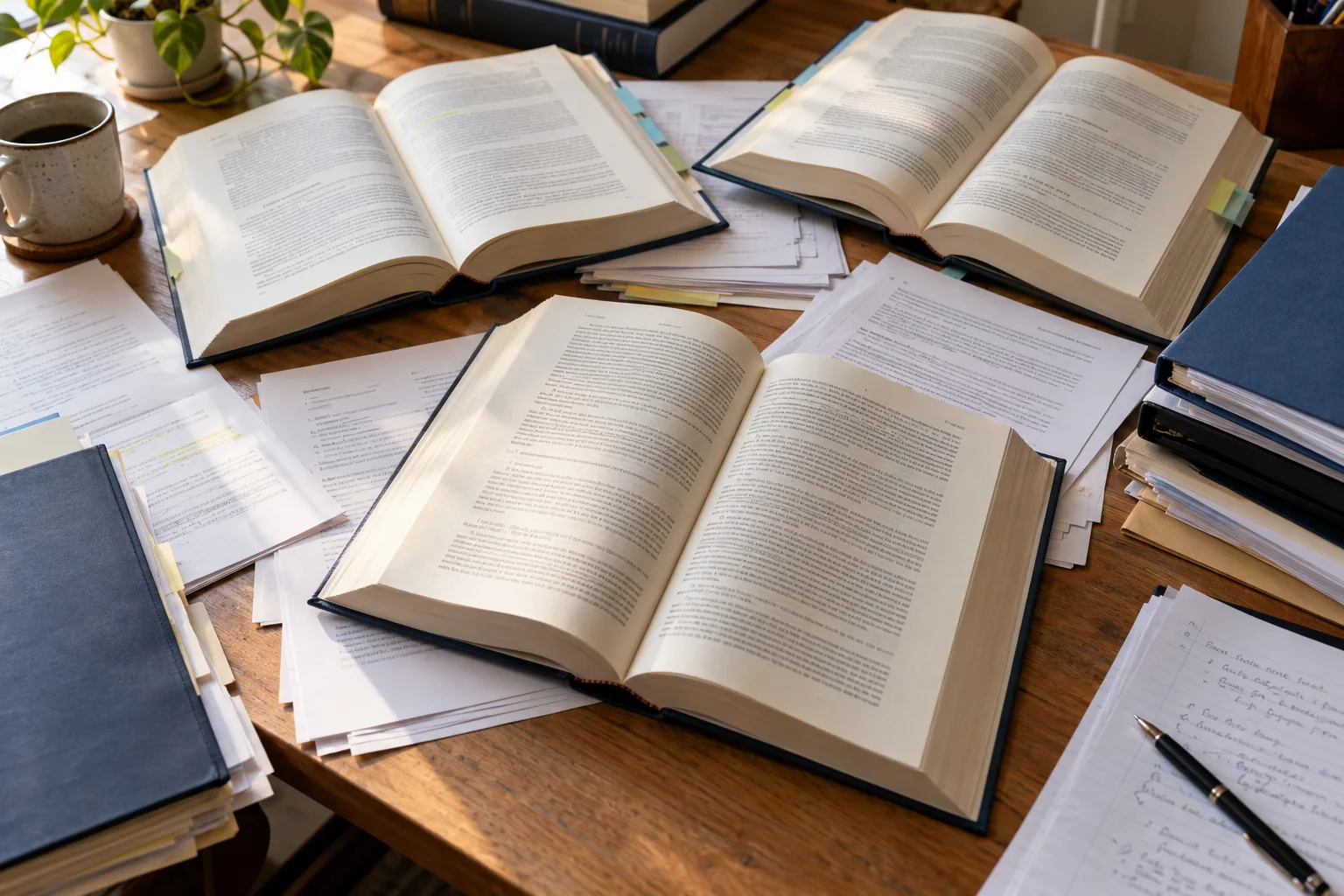 Libros abiertos, carpetas y hojas de apuntes repartidos sobre una mesa.